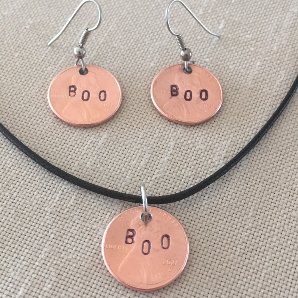 Hand Crafted BOO Necklace Earrings Stamped Pennies